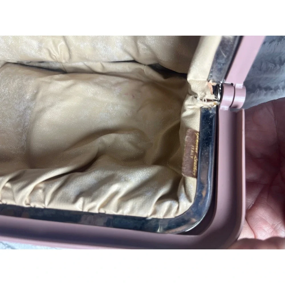 Vtg Mauve Floral Leather Clutch‎ Purse acrylic frame Gold Latch Hong Kong 80s
